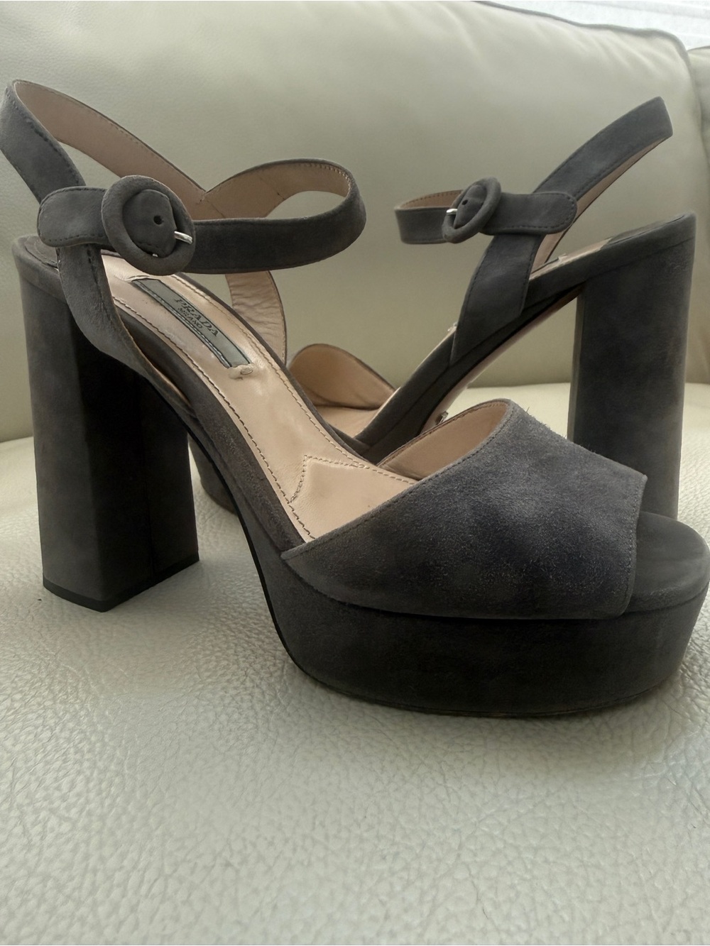 Prada gray suede platform sandals featuring a chunky block heel sz 38